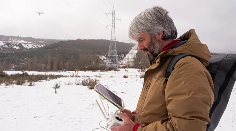 Gonzalo Villalba, from Agrovidar, with the drone under the transportation network Gonzalo Villalba, from Agrovidar, with the drone under the transportation network